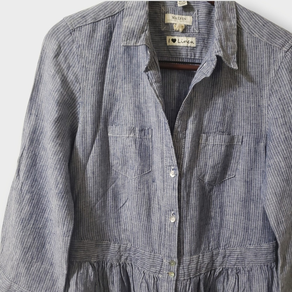 Malvin I Love Linen Blue White Striped Shirt Dress Womens Size M US 8 Pockets - Picture 2 of 13